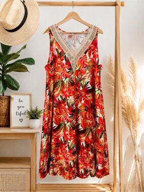 SimpleFun XL Tropical Floral Crochet V-Neck Sleeveless Summer Dress